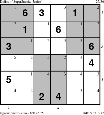 The grouppuzzles.com Difficult SuperSudoku-Junior puzzle for Sunday August 10, 2025 with all 5 steps marked