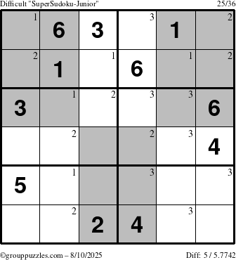 The grouppuzzles.com Difficult SuperSudoku-Junior puzzle for Sunday August 10, 2025 with the first 3 steps marked