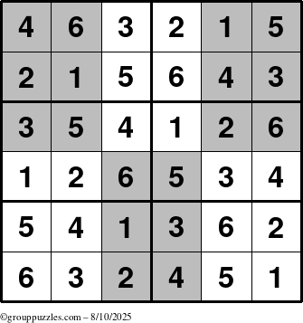 The grouppuzzles.com Answer grid for the SuperSudoku-Junior puzzle for Sunday August 10, 2025