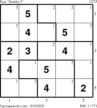 The grouppuzzles.com Easy Sudoku-5 puzzle for Sunday August 10, 2025 with all 3 steps marked