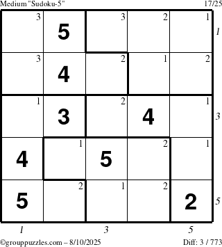 The grouppuzzles.com Medium Sudoku-5 puzzle for Sunday August 10, 2025 with all 3 steps marked