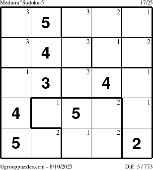The grouppuzzles.com Medium Sudoku-5 puzzle for Sunday August 10, 2025 with the first 3 steps marked
