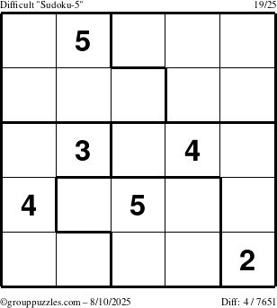 The grouppuzzles.com Difficult Sudoku-5 puzzle for Sunday August 10, 2025
