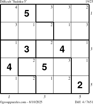 The grouppuzzles.com Difficult Sudoku-5 puzzle for Sunday August 10, 2025 with all 4 steps marked