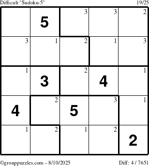 The grouppuzzles.com Difficult Sudoku-5 puzzle for Sunday August 10, 2025 with the first 3 steps marked