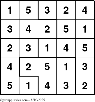 The grouppuzzles.com Answer grid for the Sudoku-5 puzzle for Sunday August 10, 2025