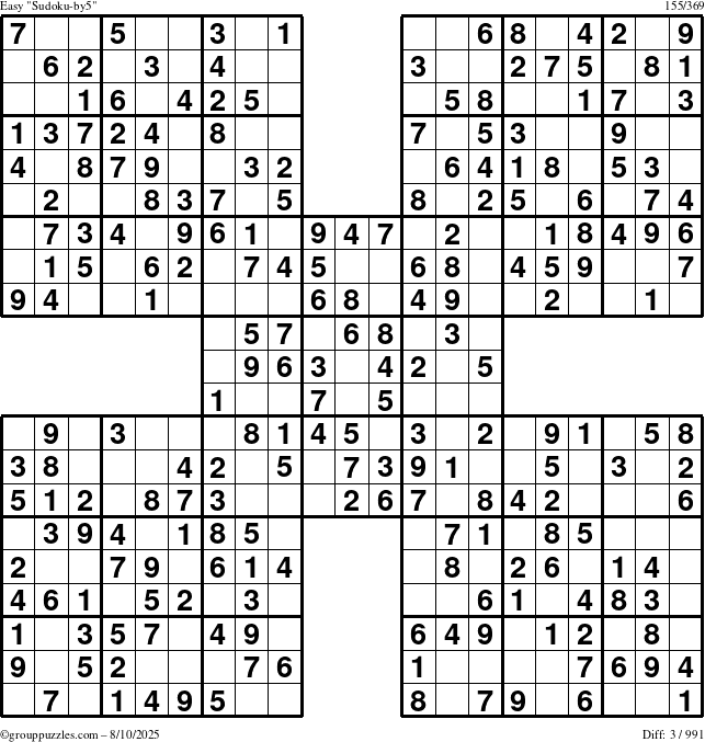 The grouppuzzles.com Easy Sudoku-by5 puzzle for Sunday August 10, 2025