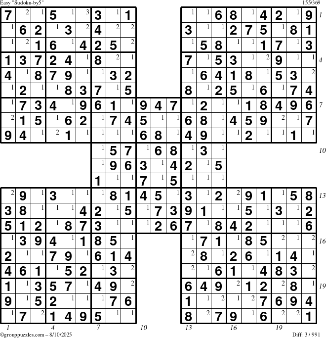 The grouppuzzles.com Easy Sudoku-by5 puzzle for Sunday August 10, 2025 with all 3 steps marked