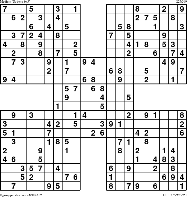 The grouppuzzles.com Medium Sudoku-by5 puzzle for Sunday August 10, 2025
