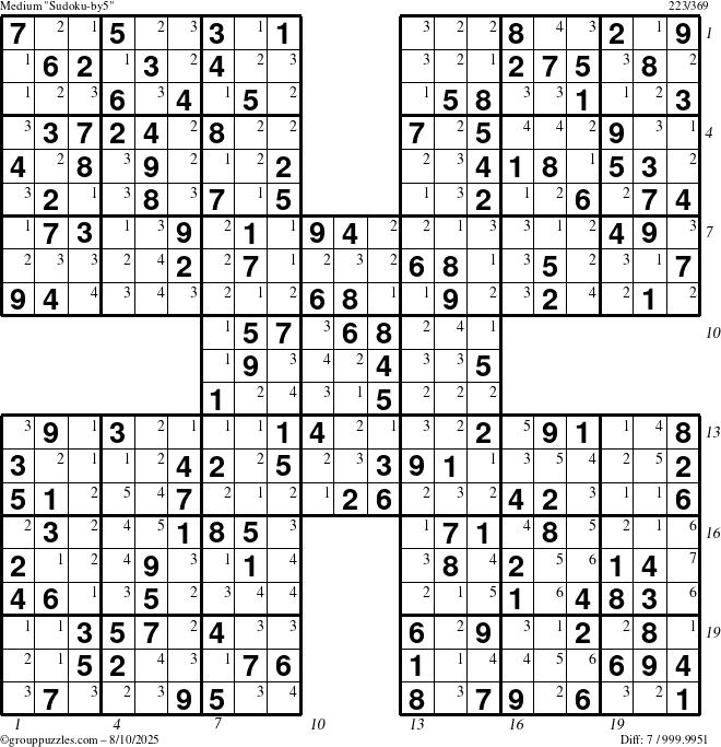The grouppuzzles.com Medium Sudoku-by5 puzzle for Sunday August 10, 2025 with all 7 steps marked