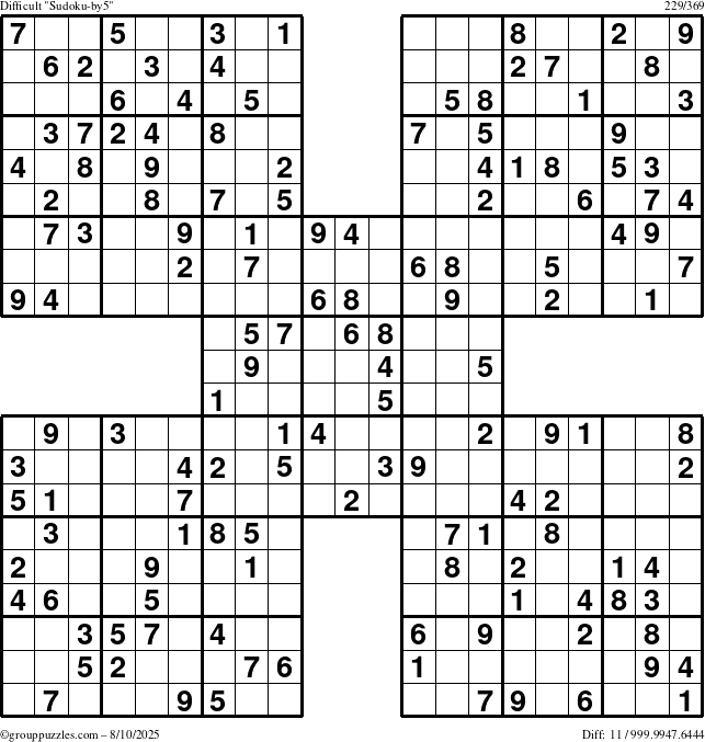 The grouppuzzles.com Difficult Sudoku-by5 puzzle for Sunday August 10, 2025