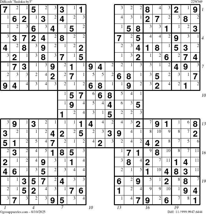 The grouppuzzles.com Difficult Sudoku-by5 puzzle for Sunday August 10, 2025 with all 11 steps marked
