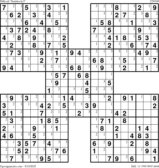 The grouppuzzles.com Difficult Sudoku-by5 puzzle for Sunday August 10, 2025 with the first 3 steps marked
