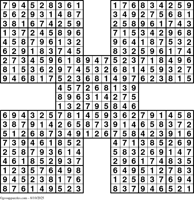 The grouppuzzles.com Answer grid for the Sudoku-by5 puzzle for Sunday August 10, 2025