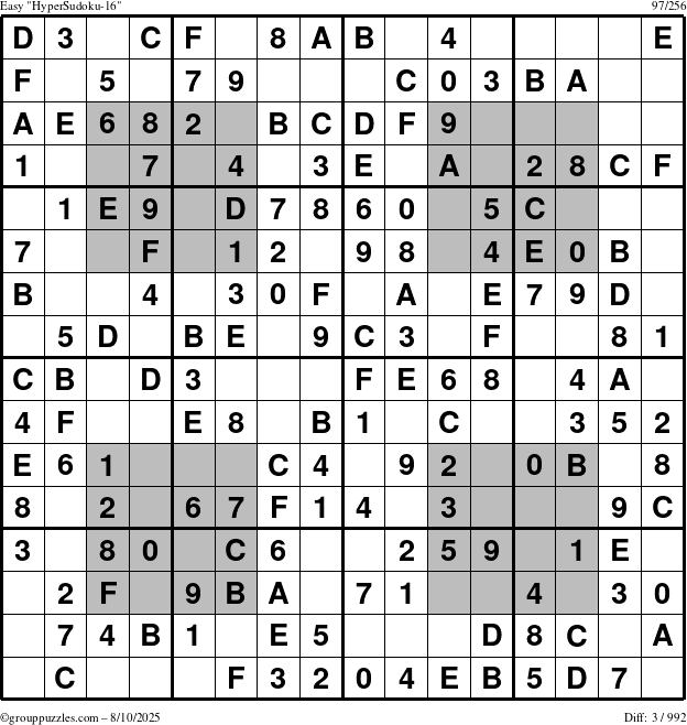 The grouppuzzles.com Easy HyperSudoku-16 puzzle for Sunday August 10, 2025