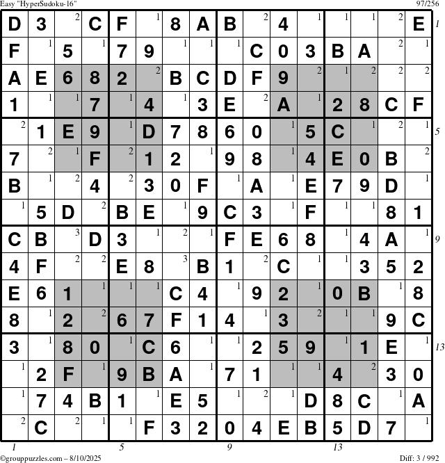 The grouppuzzles.com Easy HyperSudoku-16 puzzle for Sunday August 10, 2025 with all 3 steps marked