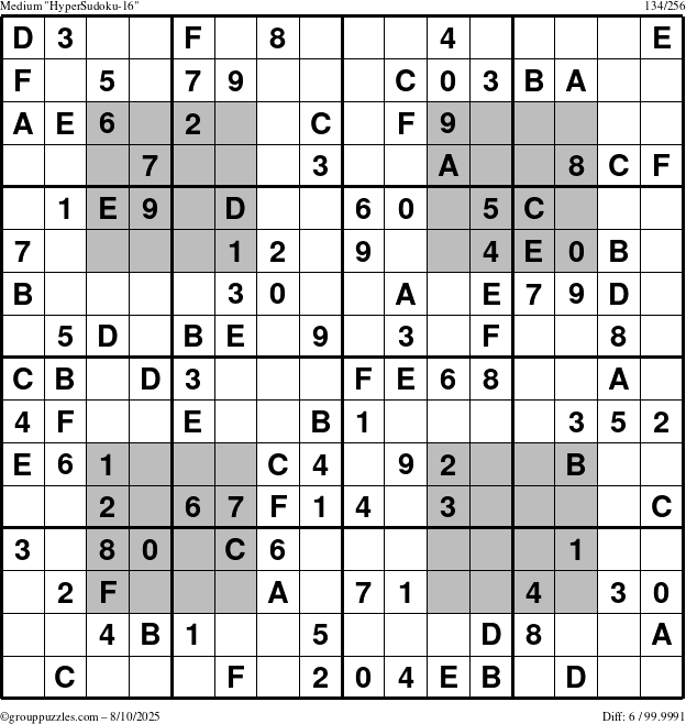 The grouppuzzles.com Medium HyperSudoku-16 puzzle for Sunday August 10, 2025