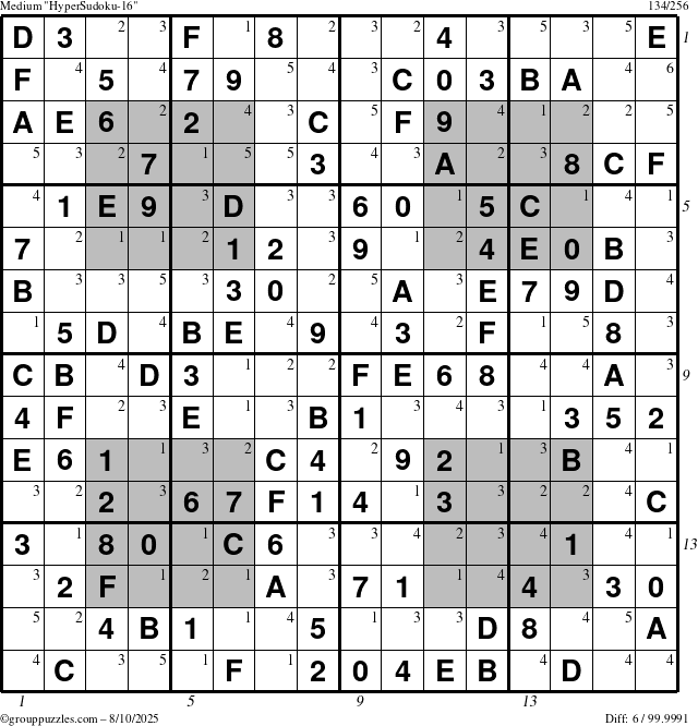 The grouppuzzles.com Medium HyperSudoku-16 puzzle for Sunday August 10, 2025 with all 6 steps marked