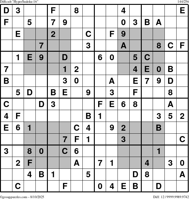 The grouppuzzles.com Difficult HyperSudoku-16 puzzle for Sunday August 10, 2025