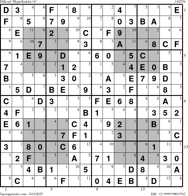 The grouppuzzles.com Difficult HyperSudoku-16 puzzle for Sunday August 10, 2025 with all 12 steps marked