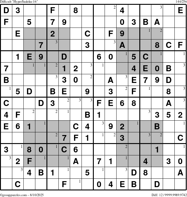 The grouppuzzles.com Difficult HyperSudoku-16 puzzle for Sunday August 10, 2025 with the first 3 steps marked