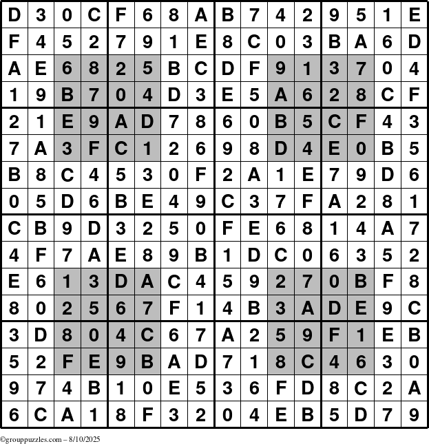 The grouppuzzles.com Answer grid for the HyperSudoku-16 puzzle for Sunday August 10, 2025