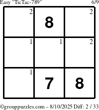 The grouppuzzles.com Easy TicTac-789 puzzle for Sunday August 10, 2025 with the first 2 steps marked