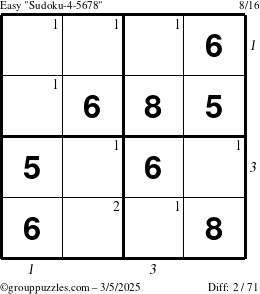 The grouppuzzles.com Easy Sudoku-4-5678 puzzle for Wednesday March 5, 2025 with all 2 steps marked