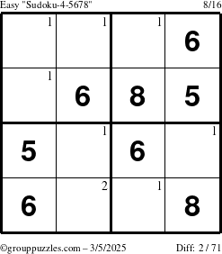 The grouppuzzles.com Easy Sudoku-4-5678 puzzle for Wednesday March 5, 2025 with the first 2 steps marked