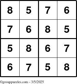 The grouppuzzles.com Answer grid for the Sudoku-4-5678 puzzle for Wednesday March 5, 2025