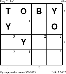 The grouppuzzles.com Easy Toby puzzle for Wednesday March 5, 2025 with all 3 steps marked