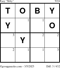 The grouppuzzles.com Easy Toby puzzle for Wednesday March 5, 2025 with the first 3 steps marked