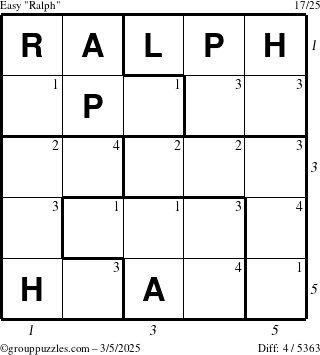 The grouppuzzles.com Easy Ralph puzzle for Wednesday March 5, 2025 with all 4 steps marked