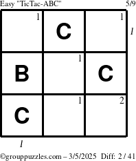 The grouppuzzles.com Easy TicTac-ABC puzzle for Wednesday March 5, 2025, suitable for printing, with all 2 steps marked