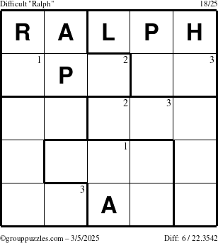 The grouppuzzles.com Difficult Ralph puzzle for Wednesday March 5, 2025 with the first 3 steps marked