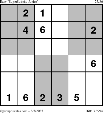 The grouppuzzles.com Easy SuperSudoku-Junior puzzle for Wednesday March 5, 2025