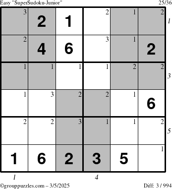 The grouppuzzles.com Easy SuperSudoku-Junior puzzle for Wednesday March 5, 2025 with all 3 steps marked