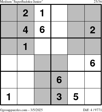 The grouppuzzles.com Medium SuperSudoku-Junior puzzle for Wednesday March 5, 2025