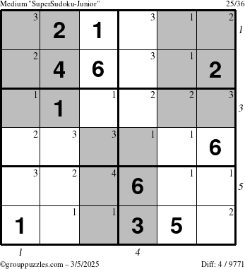 The grouppuzzles.com Medium SuperSudoku-Junior puzzle for Wednesday March 5, 2025 with all 4 steps marked