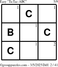 The grouppuzzles.com Easy TicTac-ABC puzzle for Wednesday March 5, 2025 with the first 2 steps marked