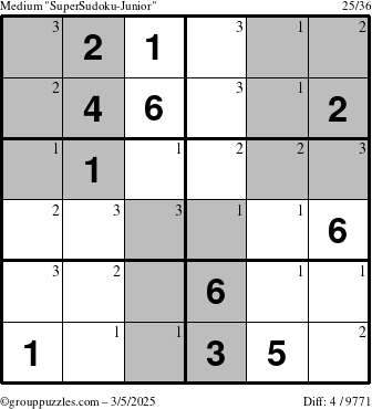 The grouppuzzles.com Medium SuperSudoku-Junior puzzle for Wednesday March 5, 2025 with the first 3 steps marked