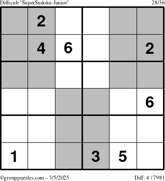 The grouppuzzles.com Difficult SuperSudoku-Junior puzzle for Wednesday March 5, 2025