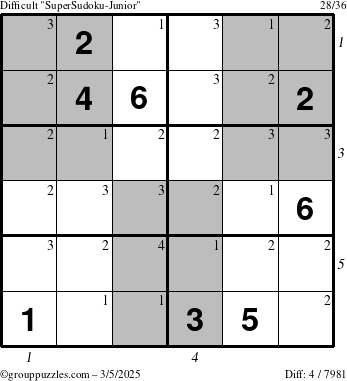 The grouppuzzles.com Difficult SuperSudoku-Junior puzzle for Wednesday March 5, 2025 with all 4 steps marked