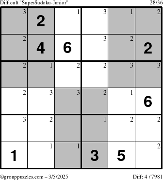 The grouppuzzles.com Difficult SuperSudoku-Junior puzzle for Wednesday March 5, 2025 with the first 3 steps marked