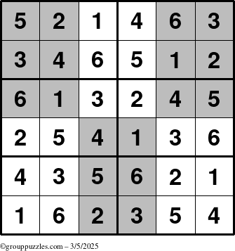 The grouppuzzles.com Answer grid for the SuperSudoku-Junior puzzle for Wednesday March 5, 2025