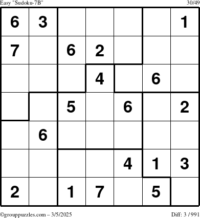 The grouppuzzles.com Easy Sudoku-7B puzzle for Wednesday March 5, 2025