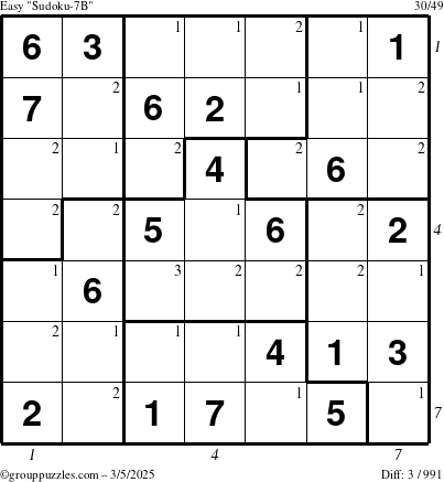 The grouppuzzles.com Easy Sudoku-7B puzzle for Wednesday March 5, 2025 with all 3 steps marked