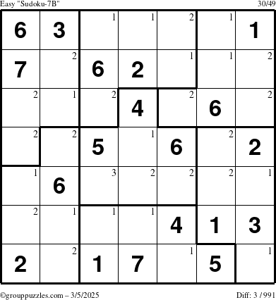 The grouppuzzles.com Easy Sudoku-7B puzzle for Wednesday March 5, 2025 with the first 3 steps marked