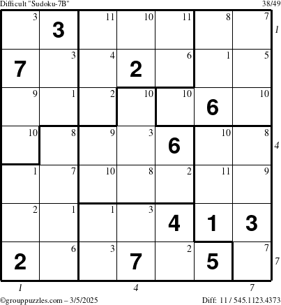 The grouppuzzles.com Difficult Sudoku-7B puzzle for Wednesday March 5, 2025 with all 11 steps marked