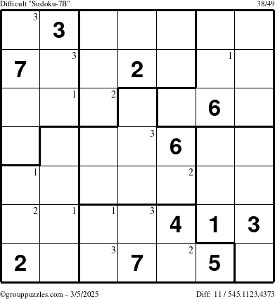 The grouppuzzles.com Difficult Sudoku-7B puzzle for Wednesday March 5, 2025 with the first 3 steps marked